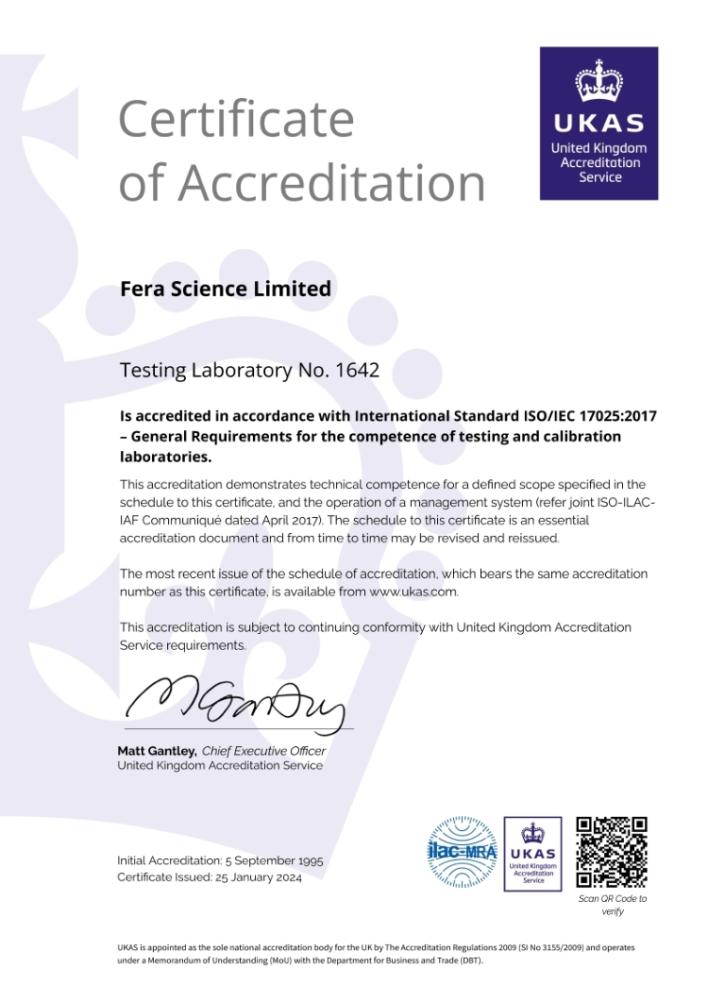 The Accreditation Certificate (UKAS laboratory number 1642) Testing Laboratory for ISO17025 is available here.